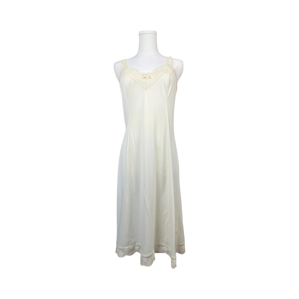 Olga Vintage 70s 80s Cream Lace Trim Full Slip Dress Nightgown Lingerie LG Bow